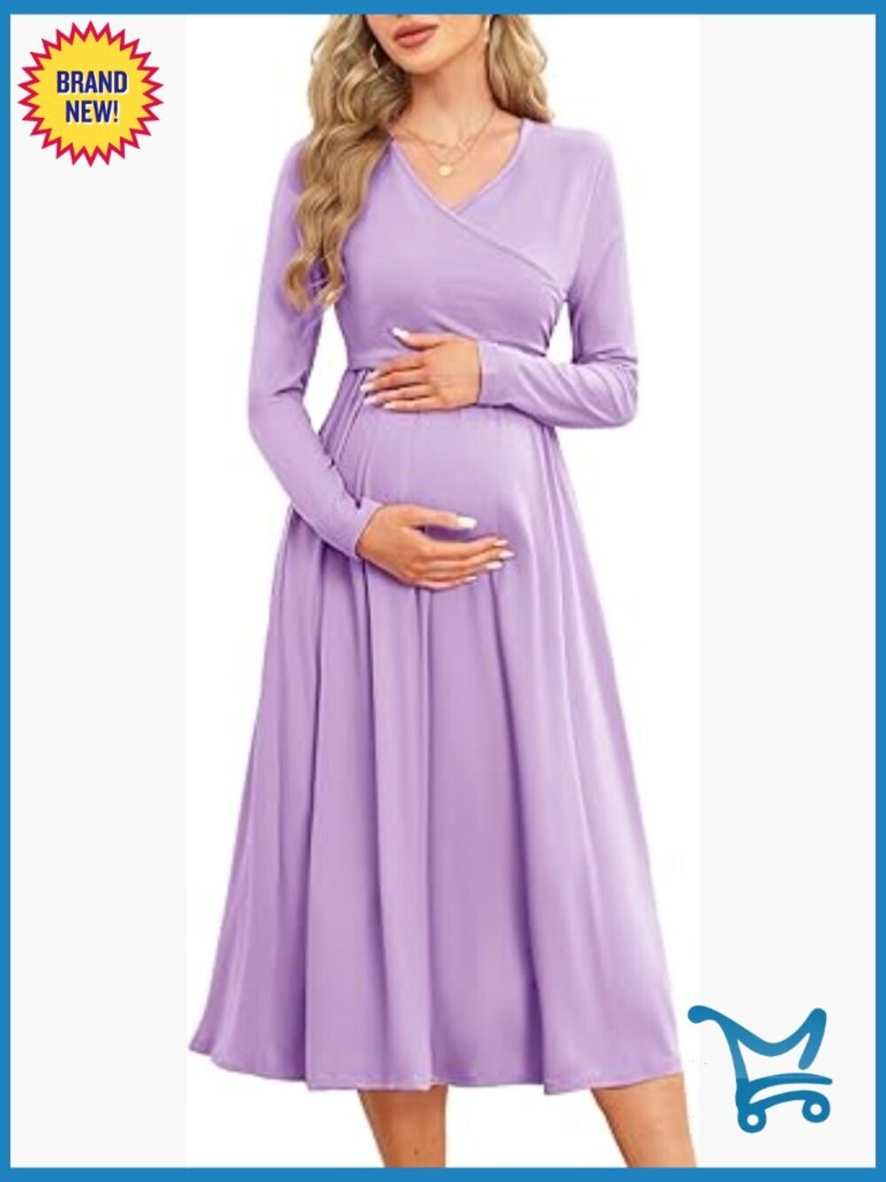 2024 Fall Patchwork Maternity Nursing Dress with Pockets Long Sleeve V Neck Midi